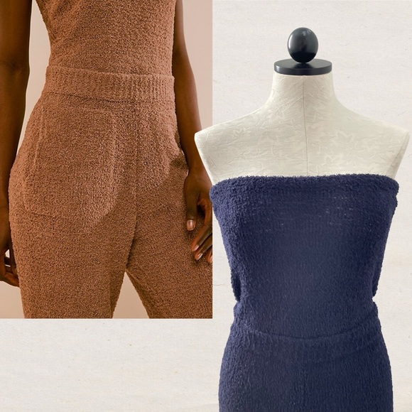 FP Beach Free People Claire One-Piece Pants Jumpsuit Navy Blue Terry Cloth Knit - Picture 6 of 8